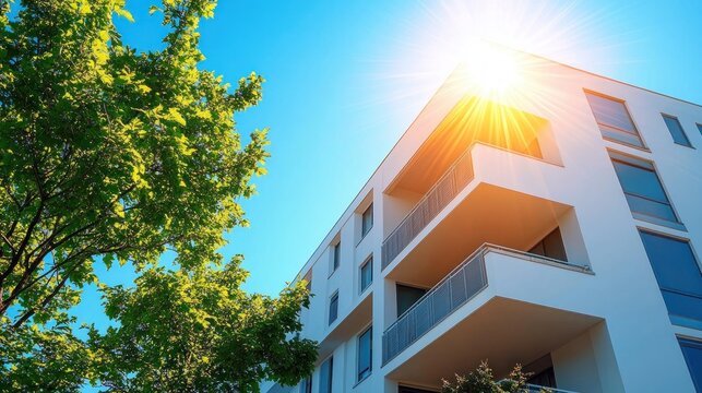 sunlit modern white apartment building with angular balconies beside a leafy green tree under a clear blue sky, bright warm and inviting atmosphere