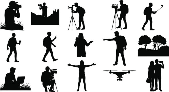 Silhouette people working with film and photography equipment isolated on white background, Vector