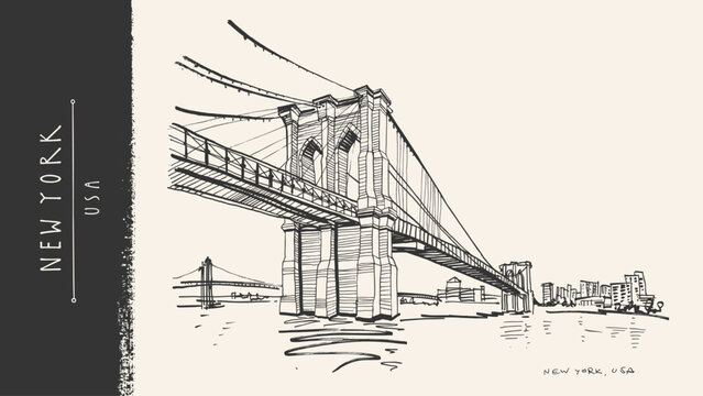 Brooklyn Bridge New York sketch postcard. NYC skyline Manhattan skyscraper cityscape architecture. Vintage handdrawn vector ink line art illustration, urban landmark, American travel poster, ticket bg