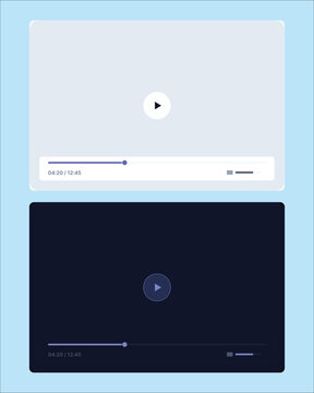 Video player, screens, interface, UI, vector icons, multimedia, playback, controls, light and dark, themes