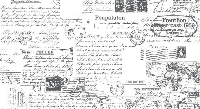 Vintage postal collage with handwritten letters and stamps