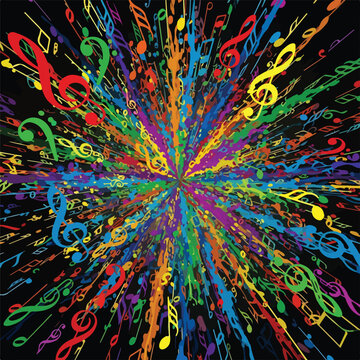 A colorful explosion of music notes on black background
