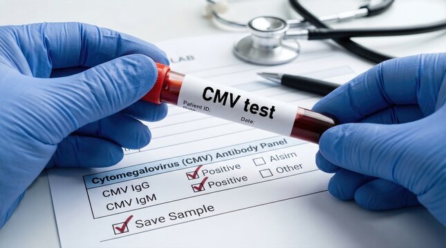 Medical professional in blue gloves holds a blood sample tube labeled CMV test above a laboratory form with test results and a stethoscope in the background