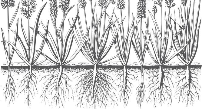 Black and white botanical of grasses with roots