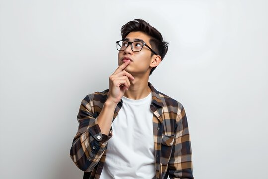 A thoughtful young man with short dark hair and glasses, dressed in a casual plaid shirt over a plain white T shirt, standing against a plain white background