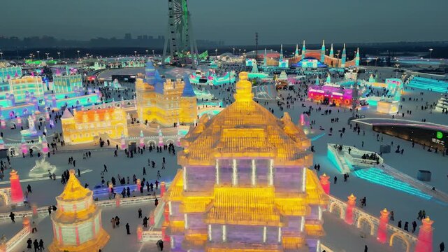 A beautiful festive city of ice and snow with colorful illuminations in Harbin