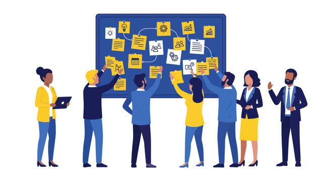 Diverse team collaborating on a project board with sticky notes and illustrations.