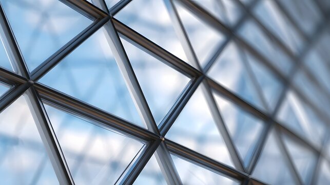 Intricate geometric pattern formed by intersecting metal and glass framework viewed against a bright blurred sky