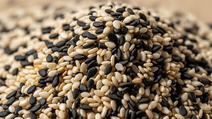 Obraz premium A pile of mixed black and white sesame seeds on a wooden surface