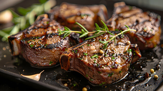 Grilled lamb chops with rosemary and garlic shine with grill marks and fresh herbs, premium lamb chop food design.