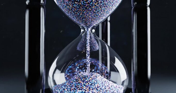 Close-up of a shimmering hourglass with glittering sand flowing between glass chambers