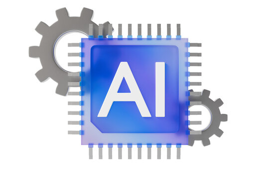 3d AI chip icon. artificial intelligence concept. minimal cartoon microchip gears processor for machine learning software. isolated on white transparent background. 3d render.