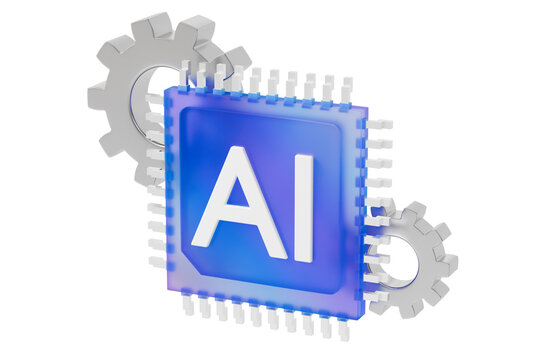 3d AI chip icon. artificial intelligence concept. minimal cartoon microchip gears processor for machine learning software. isolated on white transparent background. 3d render.