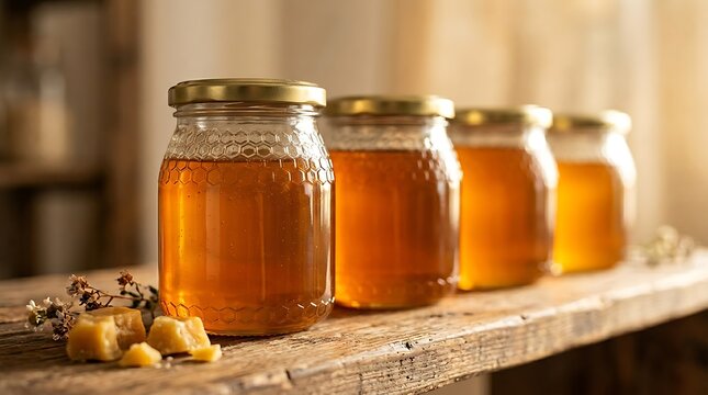 Deretan Toples Madu Murni Berkilau Disajikan di Meja Kayu Rustic dengan Gula Aren di Sampingnya
