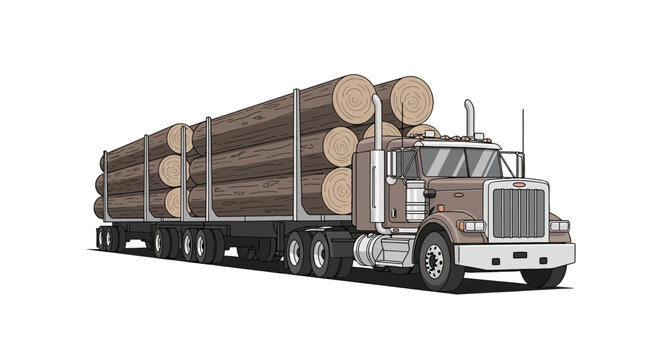 Logging truck transports heavy timber logs on a flatbed trailer across the country for industrial wood manufacturing.