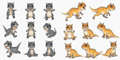 Set of cute baby dinosaur characters in various poses, including gray and orange versions, perfect for children's designs and animations. © Akun