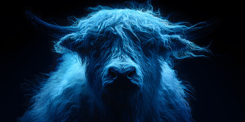 Naklejka premium Close-up of a yak composed of blue cool-toned light particles
