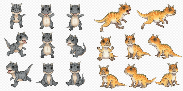 Set of cute baby dinosaur characters in various poses, including gray and orange versions, perfect for children's designs and animations.