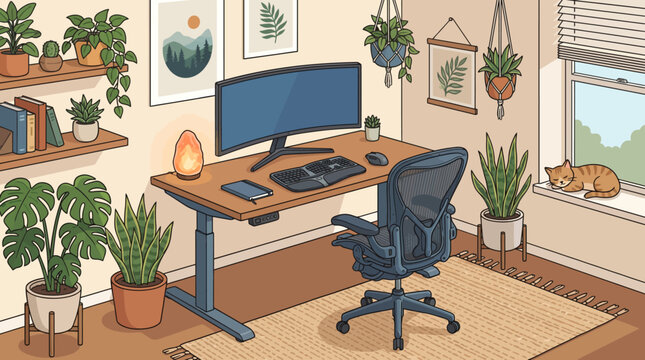 Cozy home office with plants and cat