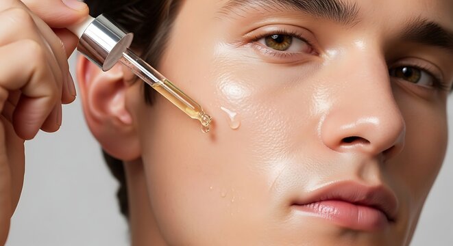 Close-up of a man's face receiving a drop of skincare serum from a dropper for healthy glowing skin
