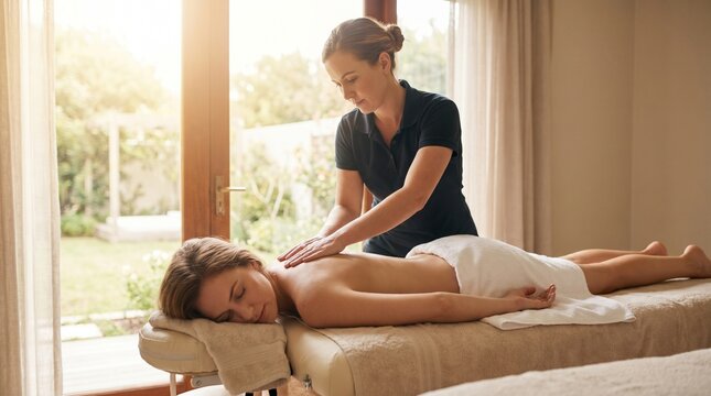 Woman receiving a relaxing back Deep Tissue Massage from a skilled therapist in a serene spa