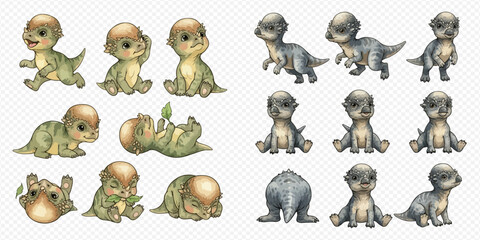 Cute baby dinosaurs in various poses, an adorable collection of prehistoric creatures. © Akun