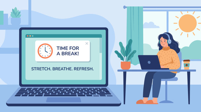 Woman taking break from work on laptop at home