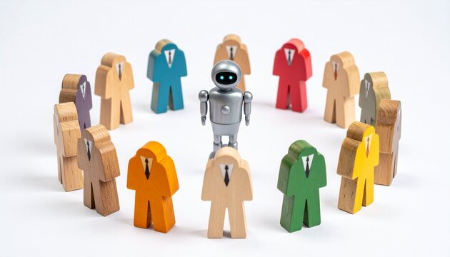 A robot figure stands out amidst a circle of wooden people figures, offering a thought-provoking image reflecting technological advancements and leadership. 