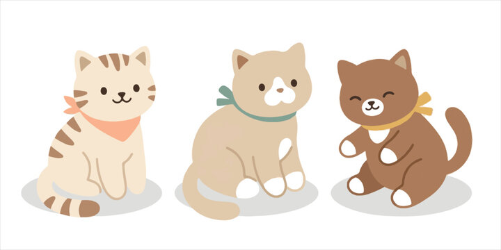 A cute cartoon illustration set featuring a funny cat and a brown puppy dog with a bone alongside a collection of toy teddy bear and lion icons for a fun animal vector art drawing