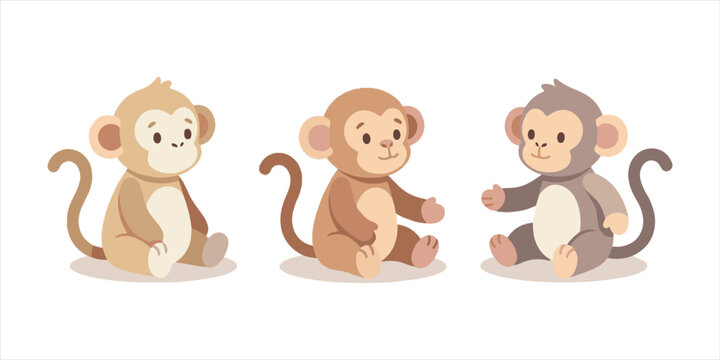A cute brown baby monkey character and a funny cartoon cat join a girl and boy in this vector illustration set celebrating childhood love and family fun
