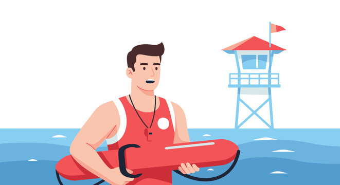 A lifeguard in a red uniform holds a rescue tube near a tower on Labor Day at the beach.
