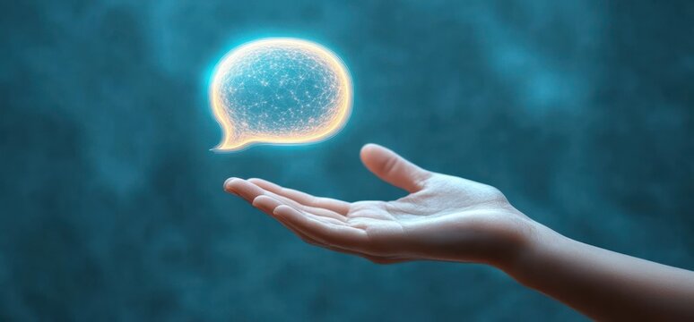 Outstretched hand presenting a glowing holographic speech bubble with interconnected nodes against a soft blue misty background, evoking wonder and hopeful connection