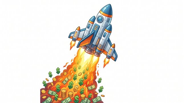 Isometric 3D icon of a rocket launching with money symbols