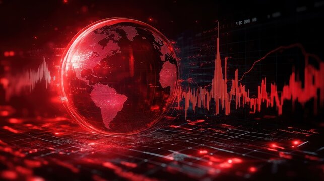 Red digital globe with world map above a glowing grid, surrounded by fluctuating red data waves and bar charts, conveying an urgent high-intensity global analytics mood