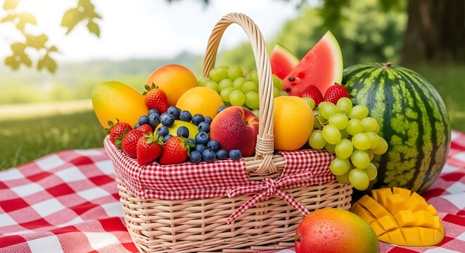 Keranjang Piknik Penuh Buah Segar yang Menggugah Selera di Atas Tikar Kotak-kotak Merah Putih Cerah
