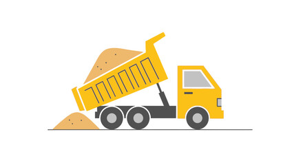 Naklejka premium Dump truck is unloading a pile of sand onto the ground on a white background for construction work.