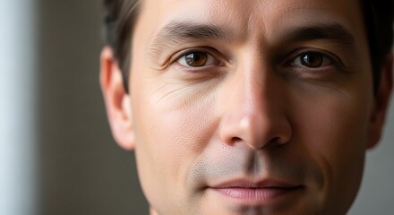 Obraz premium Close-up portrait of a middle-aged man with clear, healthy skin, suggesting a focus on grooming and personal care routines