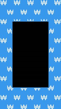 Animated Seamless Pattern Of Korean Won Currency Symbols Scrolling Down On A Blue Background With White Text Area In Center, Seamless Loop, 4K 9:16 Vertical Video