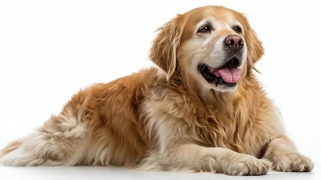 An adorable purebred golden retriever puppy and a happy domestic dog sitting together as a beautiful canine portrait isolated on white