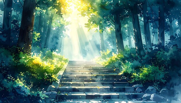神社石段木漏れ日参道遠近水彩