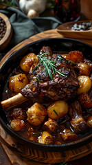 Fototapeta premium Slow cooked lamb shank with rich sauce shine in a warm cozy bowl setting, cozy lamb food photography art.