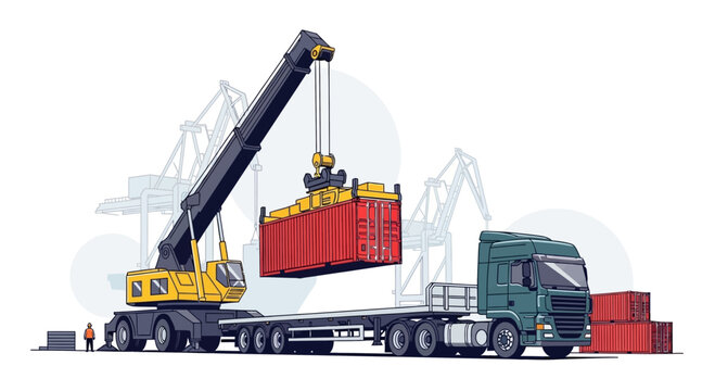 Crane lifts a shipping container onto a semi-truck trailer within a bustling port terminal to enable global trade.