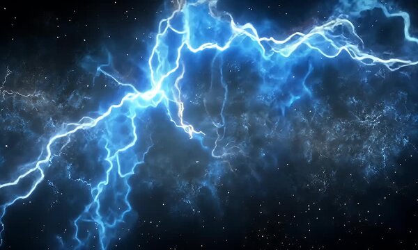Electric lightning strikes fiercely across a dark stormy night sky with intense blue energy and vibrant sparks flying everywhere outside
