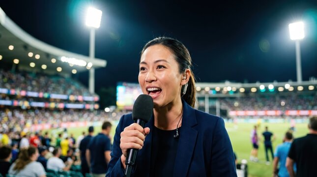 Female reporter speaking into microphone at night stadium