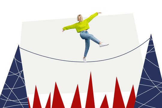 Composite photo collage of happy blonde girl step string ropewalker circus risky equilibrium acrobat isolated on painted background