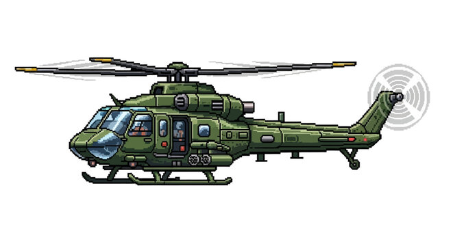 Green Military Helicopter Illustration Side View.
