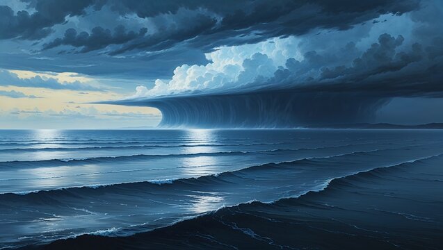 Dramatic storm clouds rolling over calm ocean waves at twilight