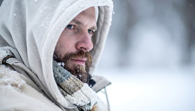 Man in hooded coat & scarf, snow dusted, gazes pensively; blurred snowy background creates cool, wintery ambiance