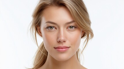 Naklejka premium Young woman with long blonde hair and natural makeup poses against a plain white background, showcasing a fresh and clean facial appearance