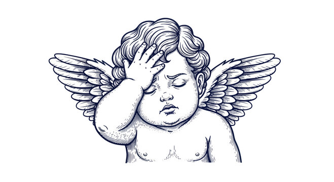 Cherub with hand on forehead, distressed angel, drawing, white background